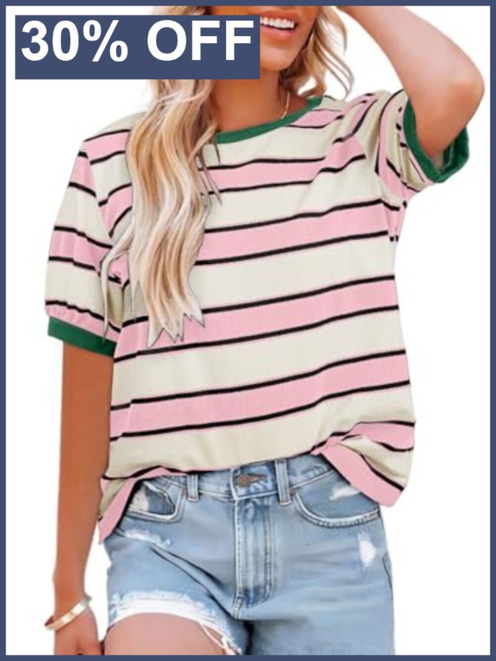 Striped Color Block Short Sleeve Cotton Blend T-Shirt for Women Loose Relaxed